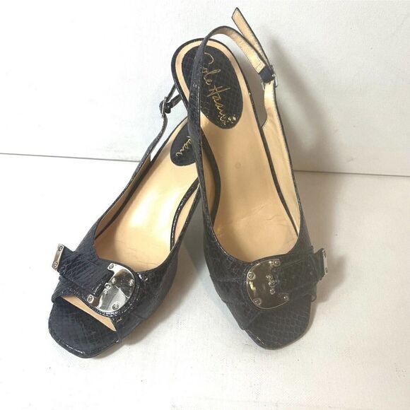 Cole Haan Women 7B Purple Snake Skin Print Leather Sling Back Heel Peep Toe Shoe - Picture 2 of 12